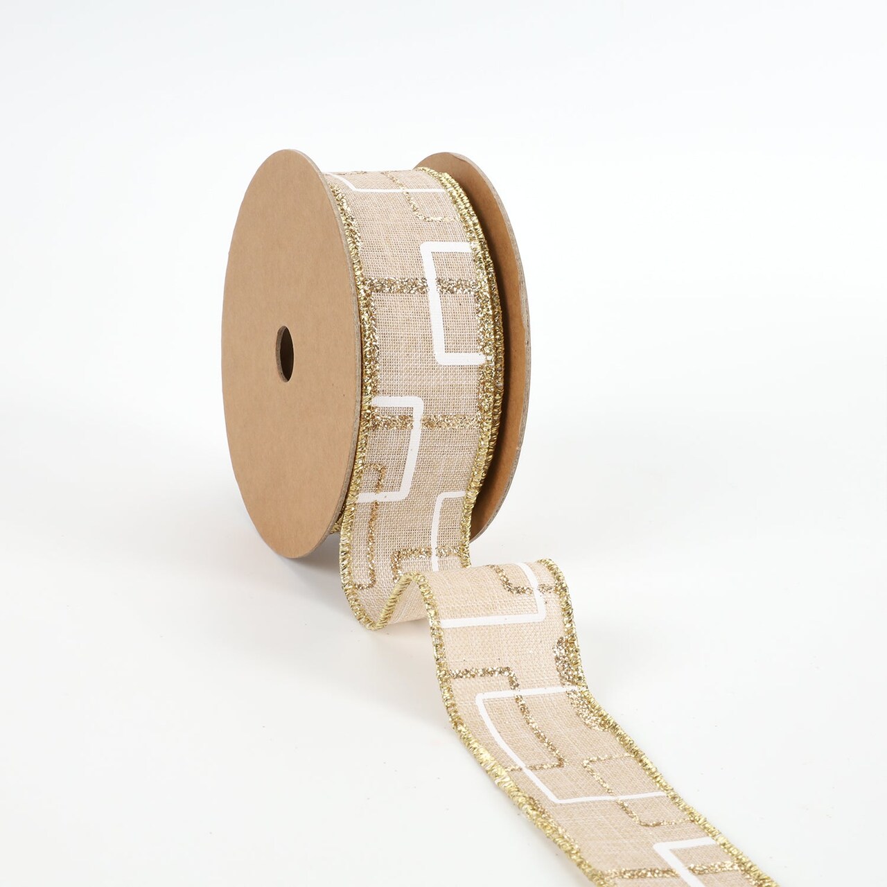 LaRibbons 1 1/2" Wired Ribbon | "Glitter Geometric" Natural/Gold/White | 10 Yard Roll